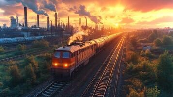 A freight train carries cargo through an industrial area as the sun sets, illuminating the sky with vibrant colors and casting shadows on the railway tracks. photo