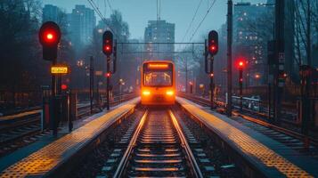A train is approaching the station, illuminated by the glow of red signals. The environment shows a blend of urban automation and transport infrastructure at twilight. photo