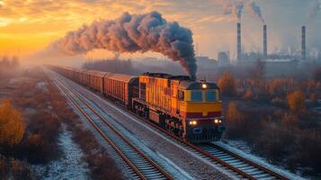 A freight train moves along tracks in a misty setting during sunrise, hauling cargo containers as smoke billows from nearby factories in the background. photo