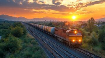 A freight train moves along tracks lined with greenery, carrying cargo containers while the sun sets behind mountains, casting a warm glow over the scenery. photo