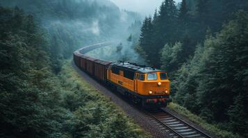 Freight train travels along a winding track surrounded by lush green trees and mist, illustrating the importance of intermodal transportation and logistics in the early morning hours. photo