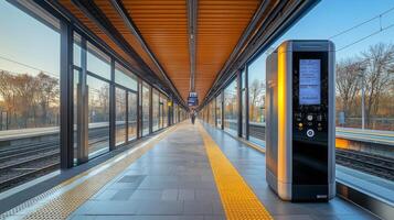 Brightly lit train station platform features sleek automation kiosks, offering convenient ticket purchasing as travelers prepare for boarding during the day. photo