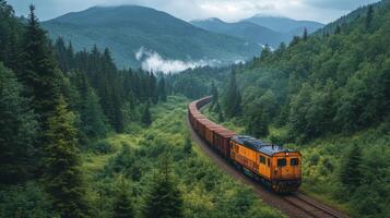 A freight train moves steadily along curving tracks, surrounded by vibrant green trees and mountains under a cloudy sky, enhancing the sense of tranquility in the rural setting. photo