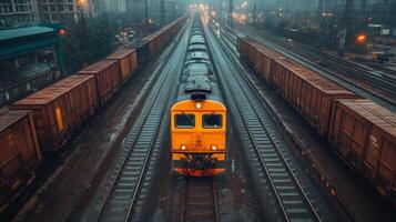 A freight train navigates tracks at a logistics terminal during dawn, surrounded by cargo containers and rail infrastructure, showcasing modern transportation capabilities. photo