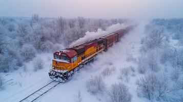 A freight train moves steadily through a snow covered environment, demonstrating the importance of logistics and intermodal transportation in winter months. photo