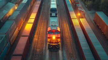 A freight train navigates an intermodal yard filled with colorful cargo containers as twilight sets in, illuminating the area with warm light. The logistics hub is alive with activity. photo