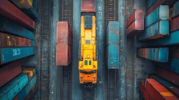 Freight train is positioned between rows of stacked cargo containers in an intermodal terminal. photo