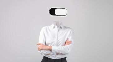 A person is engaged with advanced virtual reality technology, wearing a headset that completely covers their face. The modern setting emphasizes isolation and immersion in a digital experience. photo