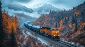 A freight train travels along a winding track amidst vibrant autumn foliage and towering mountains, shrouded in mist during the early morning hours. photo