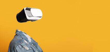 A user experiences virtual reality with a sleek headset, creating a modern and immersive atmosphere. The individual's head is not visible, emphasizing the gadget and vibrant backdrop. photo