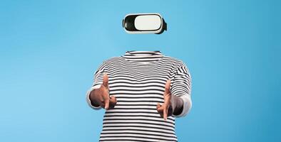 A person engages with virtual reality technology while wearing a headset. The individual has no visible facial features, emphasizing the device. The background is a solid color. photo