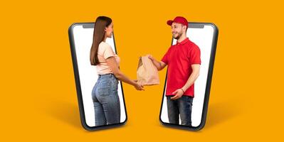 A customer joyfully accepts a food delivery while interacting with a smartphone. The background is bright and cheerful, enhancing the online shopping experience. photo