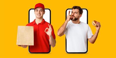 A buyer engages in online shopping using a smartphone. A delivery person presents a purchase in a bag while the customer enjoys a meal. The vibrant background enhances the collage feel. photo