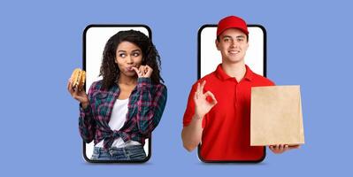 A buyer is interacting with a smartphone application, showcasing excitement while holding a food item. A delivery person stands ready to provide excellent service, emphasizing convenience in commerce. photo