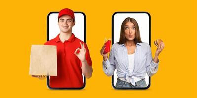 A customer interacts with an online shopping application on their smartphone. Delivery guy showing okay gesture photo
