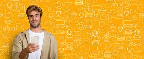 A young man stands with a smartphone in hand, engaging in online shopping. The vibrant background features icons related to e-commerce and delivery services, highlighting his activity. photo