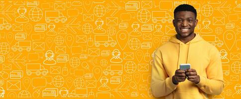 A buyer smiles while holding a smartphone, engaged in an online shopping application. The bright yellow background features various icons related to commerce and delivery services. photo