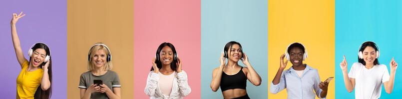 A group of young, diverse women expresses joy while listening to music through headphones. Each lady shows a unique interaction with their favorite tunes against colorful backgrounds. photo