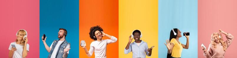 A group of young people with diverse backgrounds are happily listening to music using headphones. They express joy and excitement while engaging with technology in a vibrant, colorful setting. photo