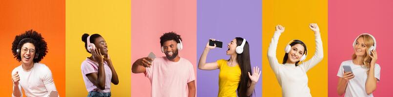 A vibrant collection showcases a diverse group of young individuals joyfully listening to music with headphones. Their expressions reveal happiness and excitement in a colorful setting. photo