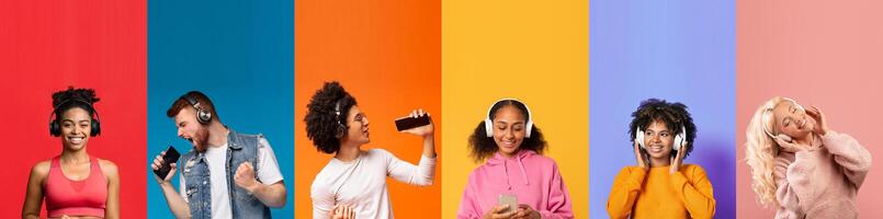 Diverse young individuals are immersed in music, smiling and having fun while using headphones. The colorful backgrounds enhance the energetic vibe of their shared experience. photo