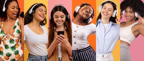 A group of young women of diverse backgrounds happily listen to music using headsets. They are engaged with their devices while showcasing joy and enthusiasm in a colorful setting. photo