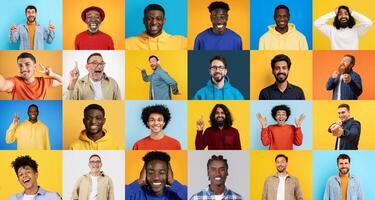 A collection of smiling men from various backgrounds expresses joy and diversity. The vibrant background enhances their positive energy and unity amidst differences. photo