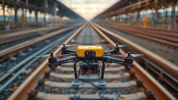 A drone is flying above railway tracks during sunset, exploring railway infrastructure to improve logistics, transportation automation, and mobility solutions in the region. photo