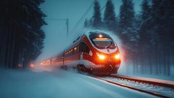 A high speed train travels through a snow covered forest at dusk, highlighting the efficiency of modern rail systems in challenging weather conditions. photo