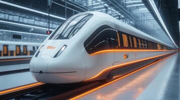 A sleek high speed maglev train is positioned at a futuristic railway station, emphasizing innovative design and automation in transportation and mobility solutions. photo