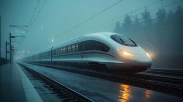 A high speed maglev train moves swiftly along the railway tracks during a heavy downpour, highlighting the integration of automation in modern mobility solutions amidst a misty backdrop. photo