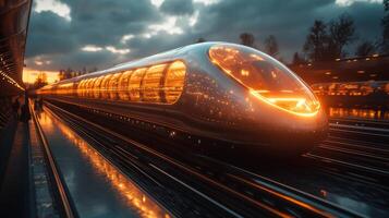 A sleek high speed maglev train stands at a contemporary rail station during dusk, illuminated by warm lights. The scene captures advanced transportation technology in an urban environment. photo