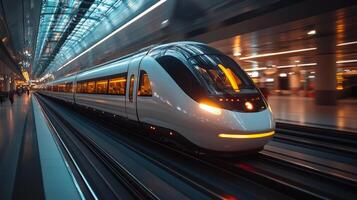 A sleek high speed train glides on railway tracks in a busy transport terminal, illuminated by ambient lighting as evening falls, showcasing advanced mobility and automation in infrastructure. photo