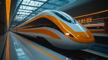 A sleek high speed train stands poised on the platform of a contemporary railway station, highlighted by vibrant lighting and a spacious design that facilitates mobility and automation. photo