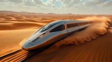 High speed train glides smoothly across railway tracks in a sprawling desert environment, showcasing innovative transportation technology and automation in motion. photo