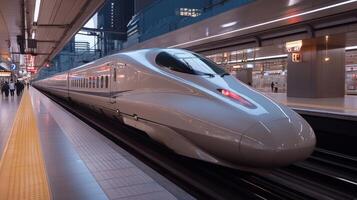 A sleek high speed train pulls into a bustling railway station where commuters are awaiting their journeys amidst advanced infrastructure and automated systems. photo
