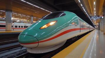 A sleek high speed train stands ready for departure at a busy railway station featuring modern infrastructure and automation, showcasing the future of transportation. photo