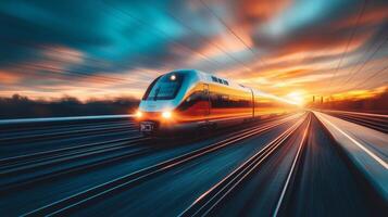 A high speed train speeds along a railway track at sunset, with vibrant clouds in the sky emphasizing the advances in transportation and automation in modern infrastructure. photo