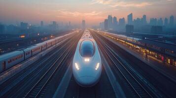 High speed maglev train is moving along a rail line in an urban environment during dusk, showcasing the integration of modern infrastructure with advanced mobility solutions in the city. photo