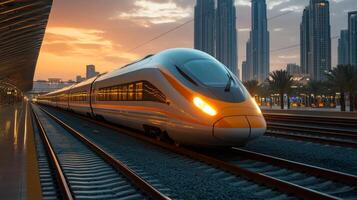 A sleek, high speed train waits at the platform as the sun sets, illuminating towering skyscrapers and palm trees, showcasing advanced transportation in a vibrant urban atmosphere. photo