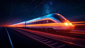 Brightly lit high speed train moves swiftly along a modern railway at night, illustrating progress in logistics and mobility within transportation systems. photo