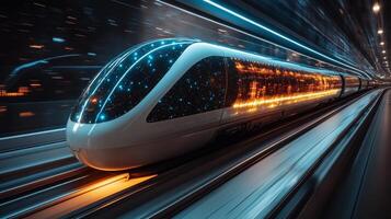 A highspeed train moves swiftly along a modern railway, illuminated with vibrant lights that reflect innovative technology in transportation and infrastructure development. photo