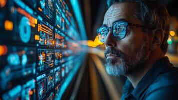 A person observes advanced digital displays showing logistics data and railway operations, emphasizing the role of technology in enhancing transportation systems. photo