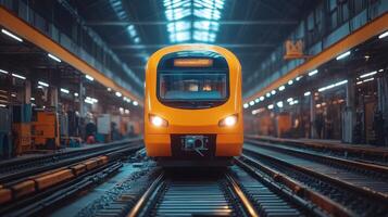 A vibrant high speed train sits on the tracks in an active railway station, highlighting innovative infrastructure designed for efficient mobility and enhanced transportation. photo
