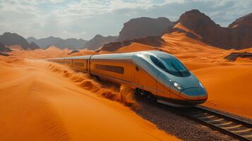 A sleek high speed train glides along the railway tracks in a surreal desert environment, surrounded by golden sand dunes and distant mountains under a bright sky. photo