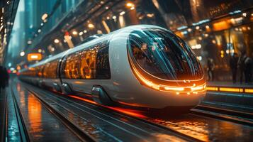 A high speed maglev train is stationed at a bustling urban rail hub, showcasing automated systems and sleek design while passengers await departure in the illuminated surroundings. photo