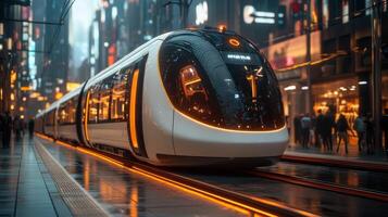 A sleek maglev train waits at a bustling railway station, illuminated by city lights reflecting off wet pavement as commuters move about in an energetic urban environment. photo