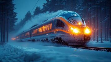 A highspeed train travels through a winter landscape at dusk, surrounded by snow covered trees. photo