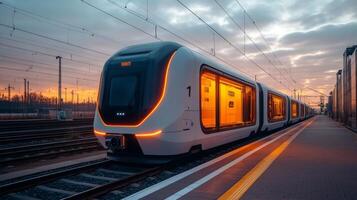 A sleek high speed train arrives at a contemporary railway station during sunset, highlighting the innovations in transportation and infrastructure with automated features. photo
