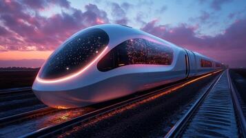 A state of the art maglev train stands ready on railway tracks, illuminated by the colors of the sunset with a futuristic design emphasizing speed and efficiency for urban transportation. photo